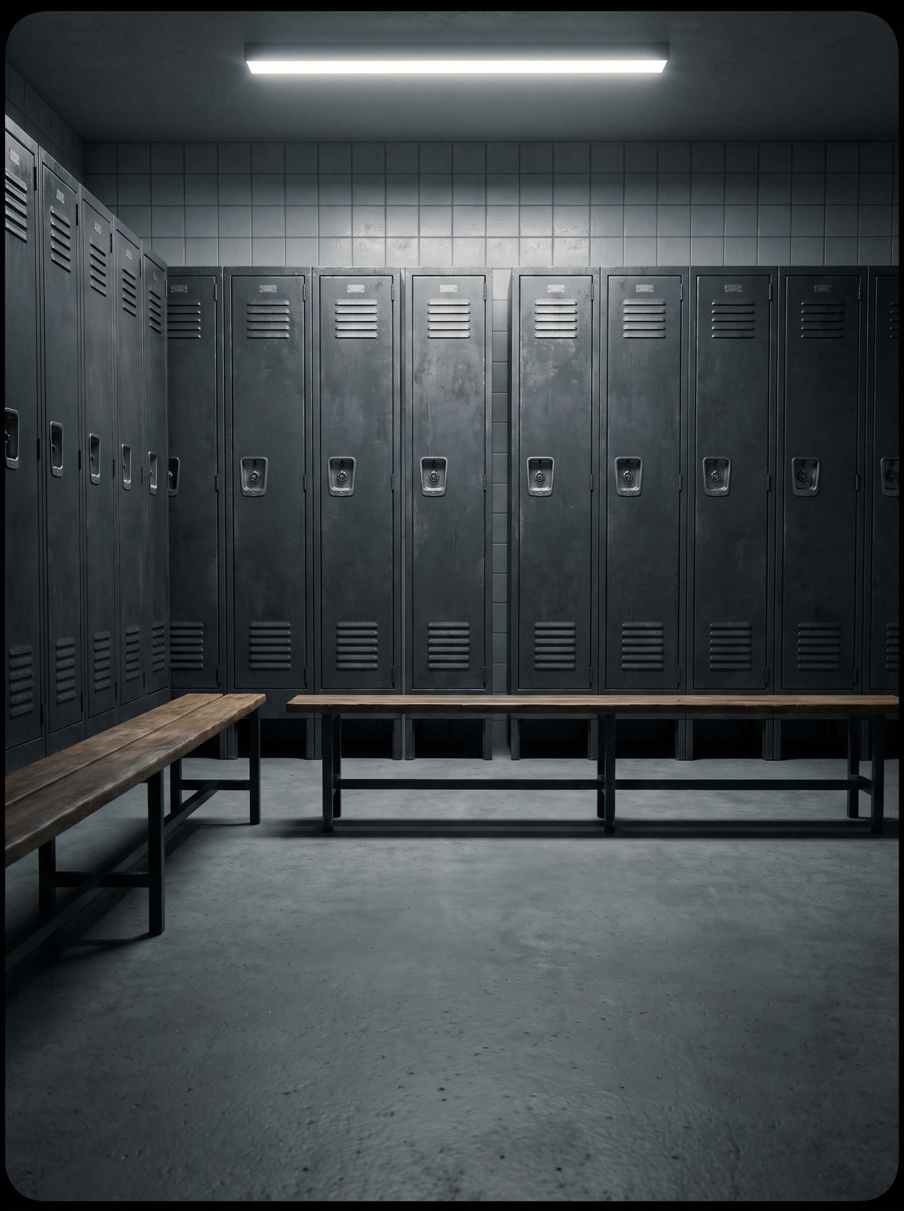 An empty changing room corridor under one hard strip of light