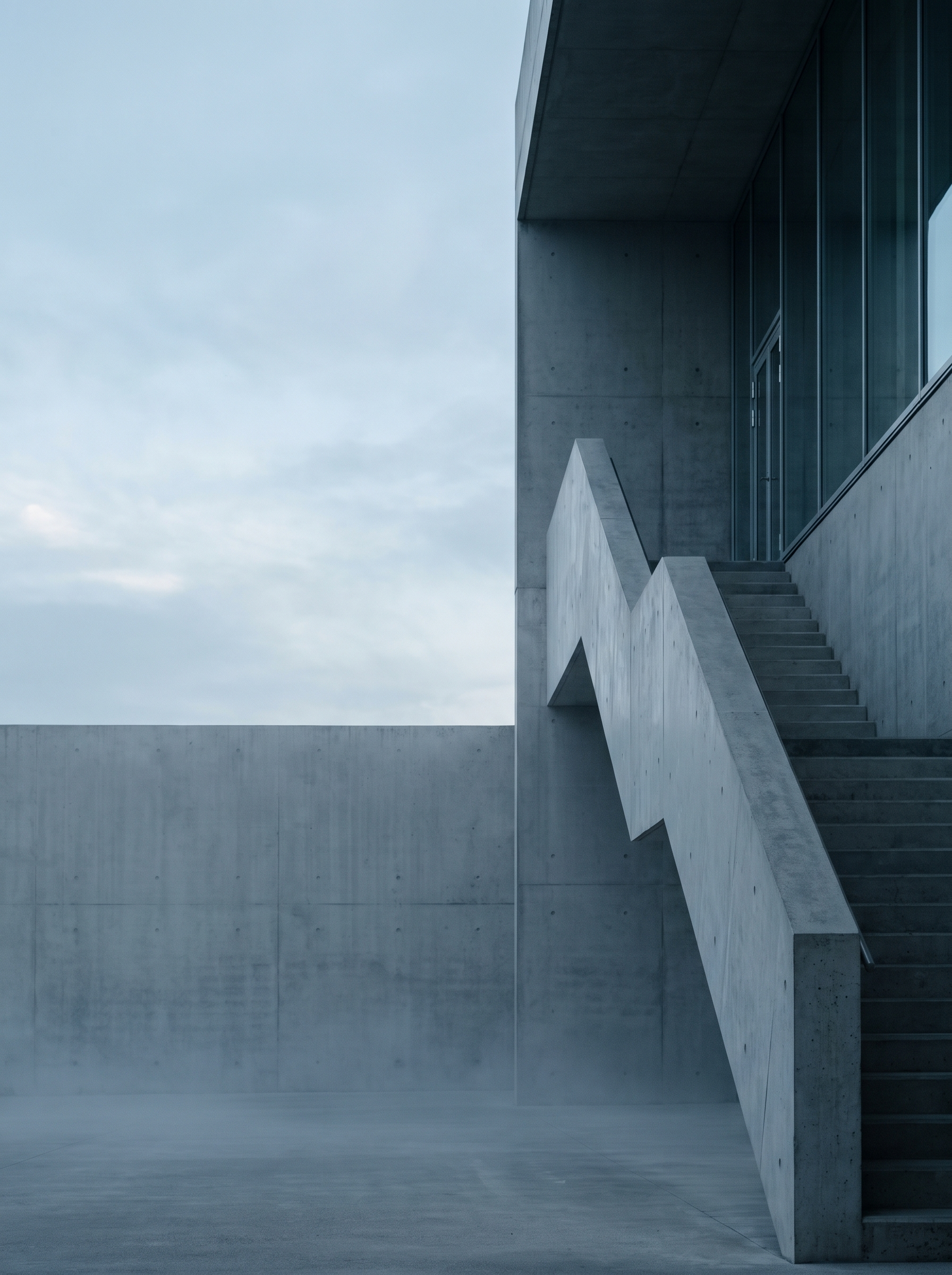 An outdoor concrete stair flight at first light