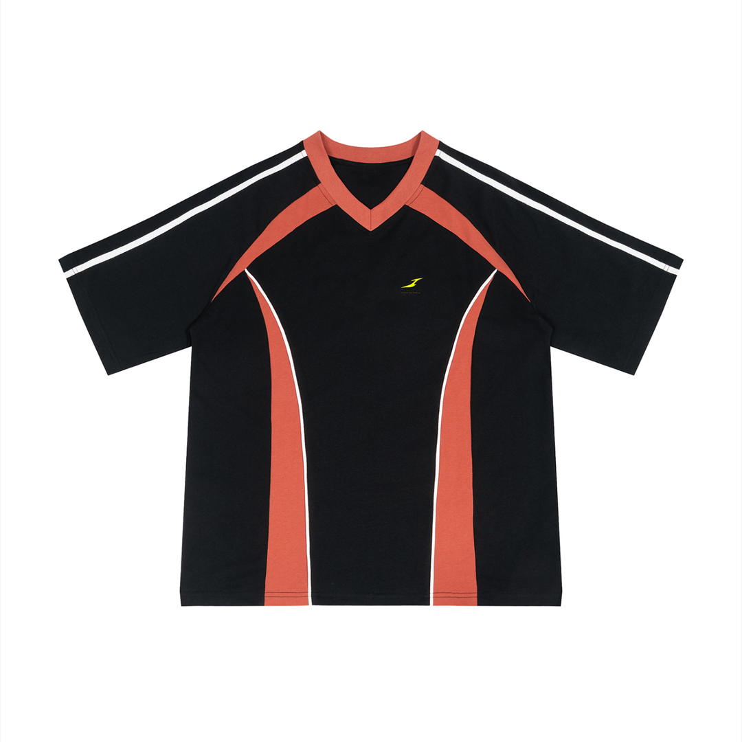 Unisex Color Block V-Neck T-Shirt in Black with Red — HIVOLT