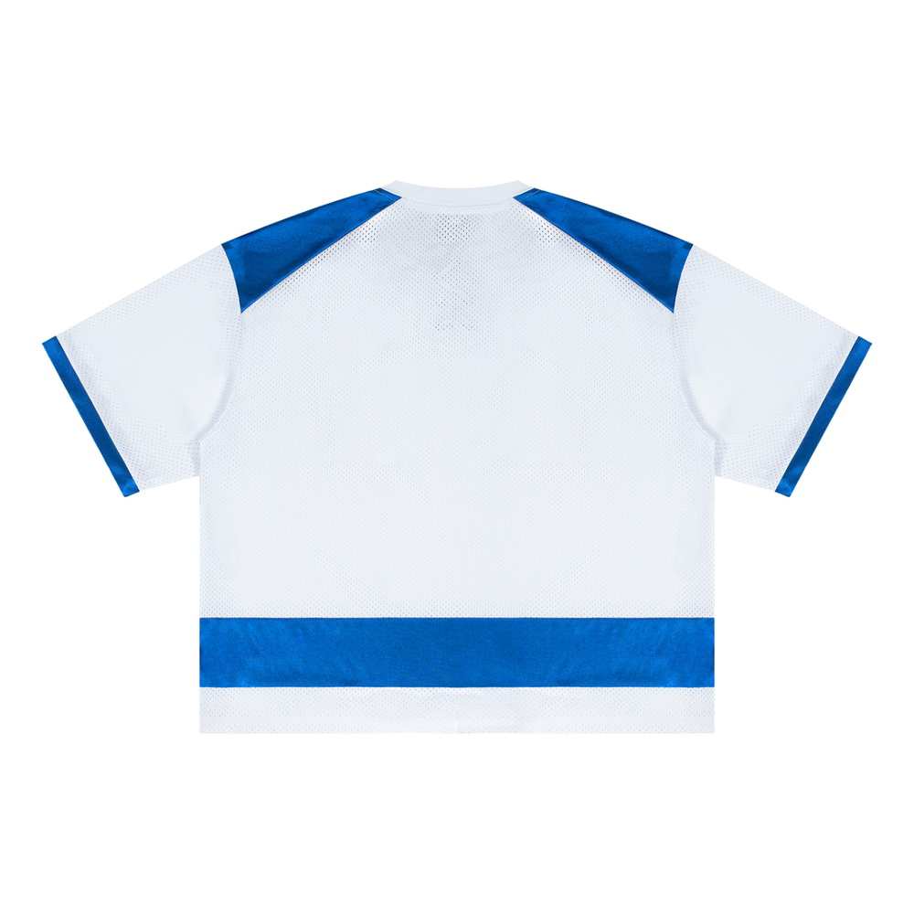 Unisex Raglan Sleeve Mesh Boxy T-Shirt in White with Blue, alternate view — HIVOLT