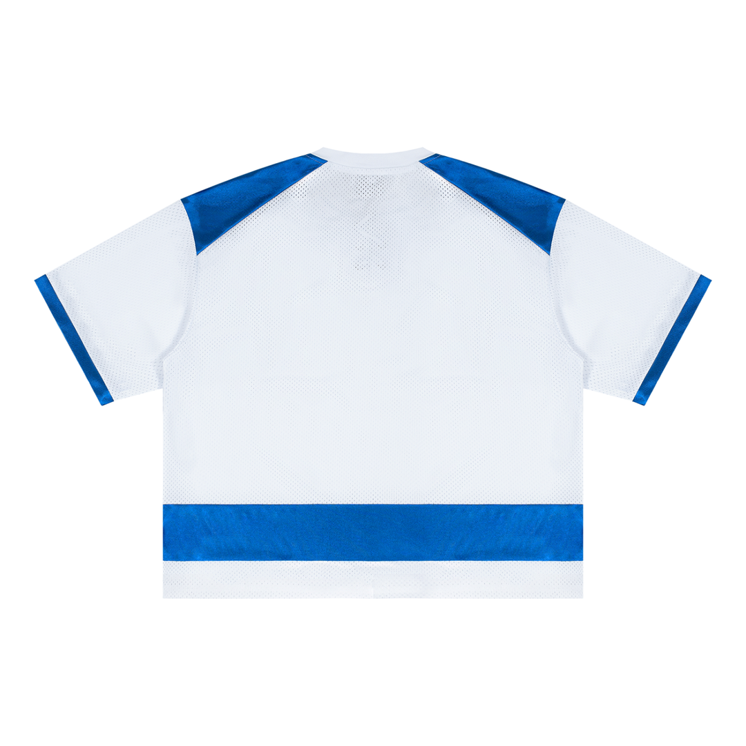 Unisex Raglan Sleeve Mesh Boxy T-Shirt in White with Blue, alternate view — HIVOLT
