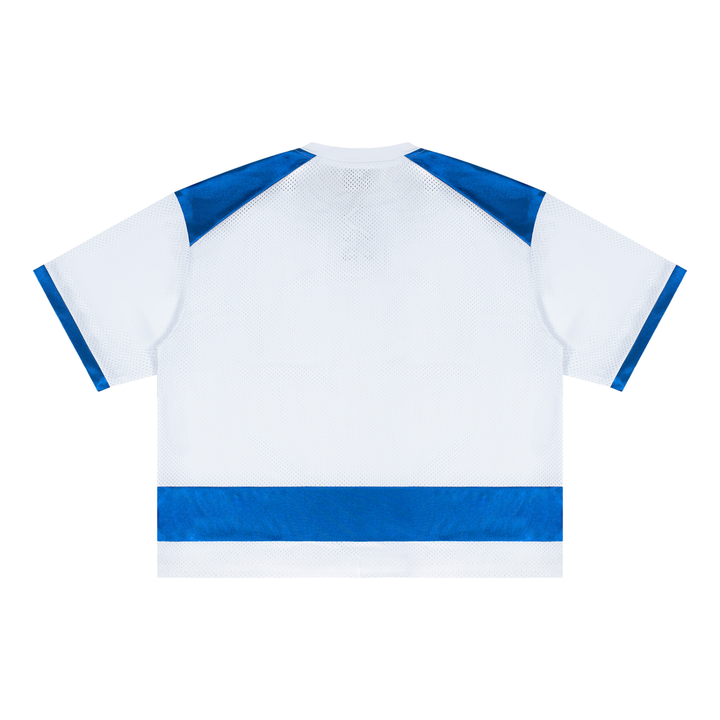 Unisex Raglan Sleeve Mesh Boxy T-Shirt in White with Blue, alternate view — HIVOLT