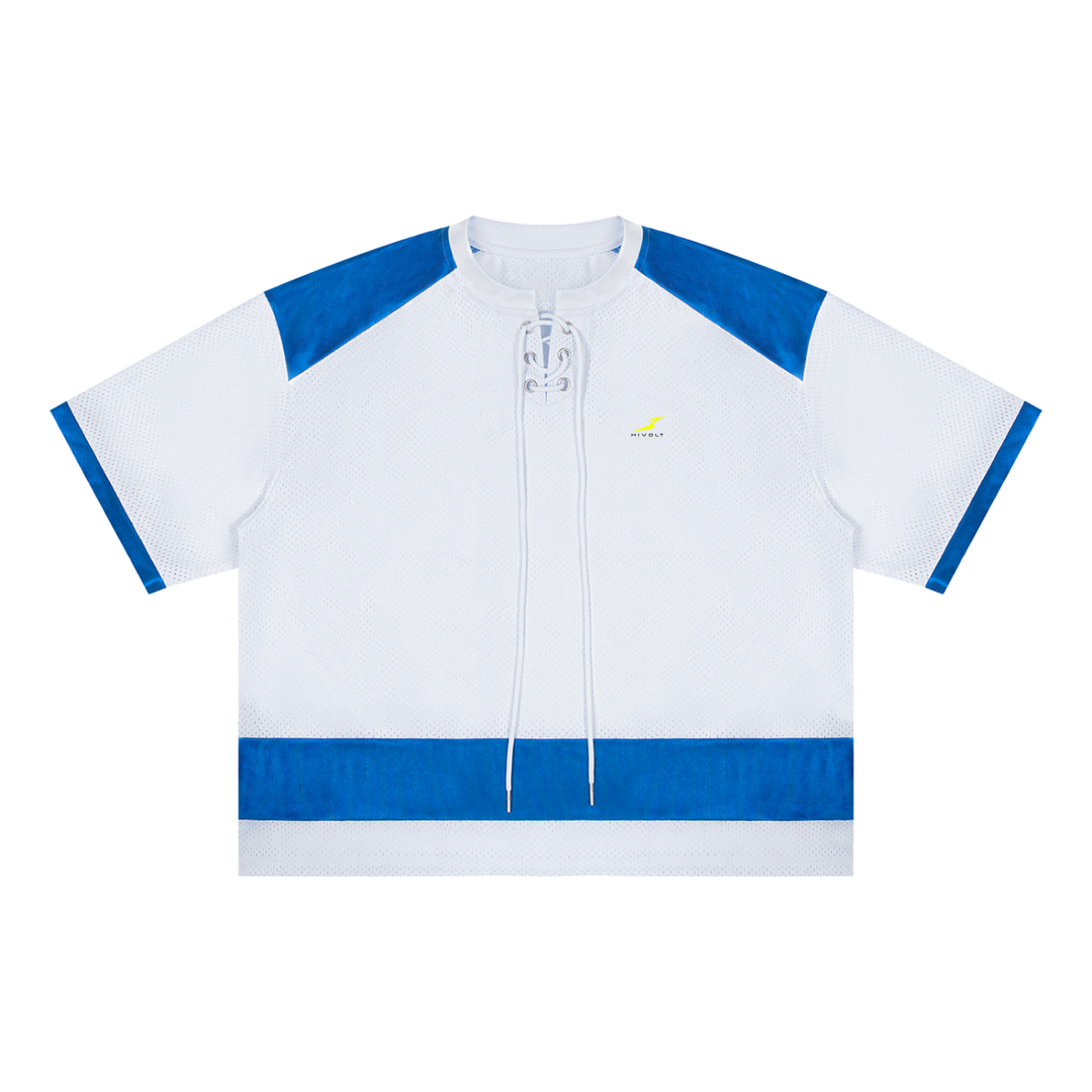 Unisex Raglan Sleeve Mesh Boxy T-Shirt in White with Blue — HIVOLT