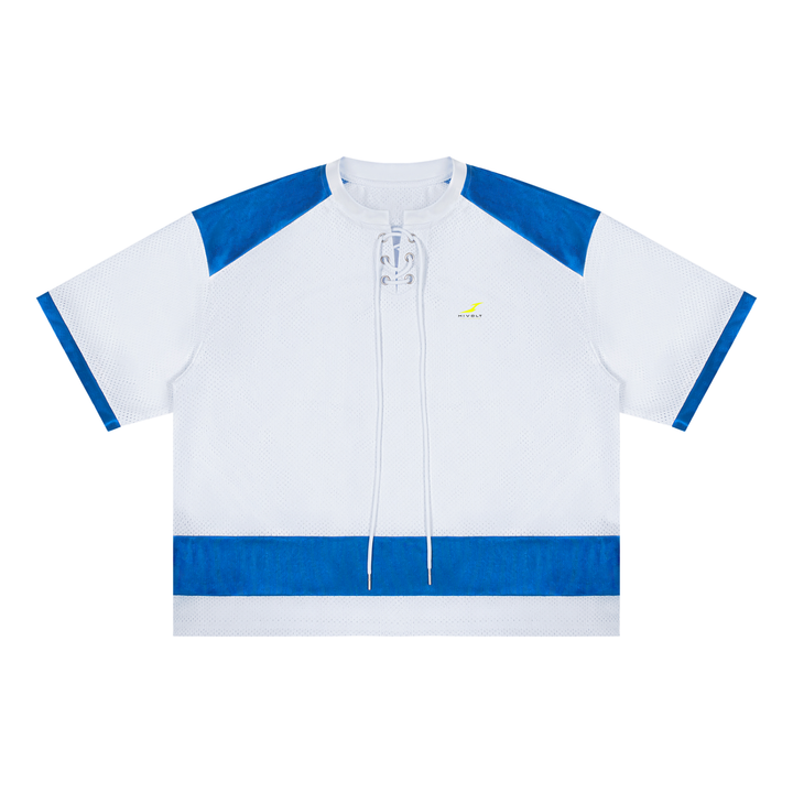 Unisex Raglan Sleeve Mesh Boxy T-Shirt in White with Blue — HIVOLT