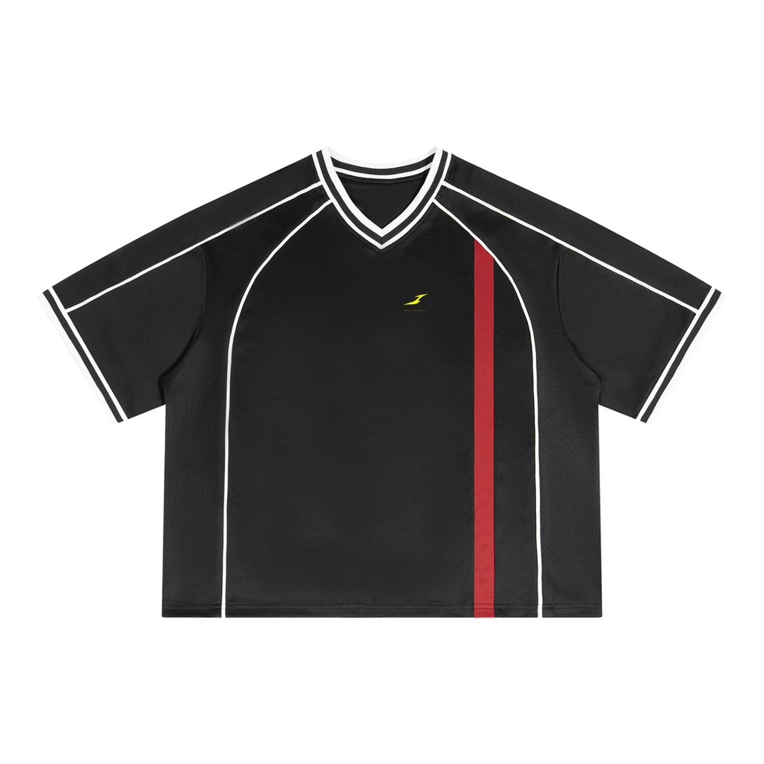 Unisex Boxy V-Neck Soccer Jersey in Black with Red — HIVOLT