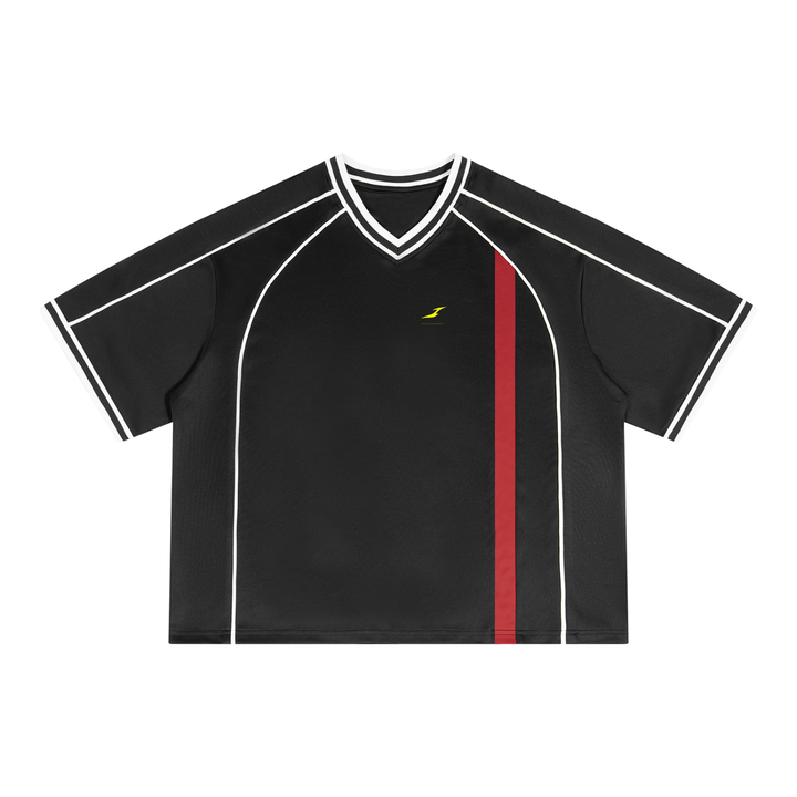 Unisex Boxy V-Neck Soccer Jersey in Black with Red — HIVOLT