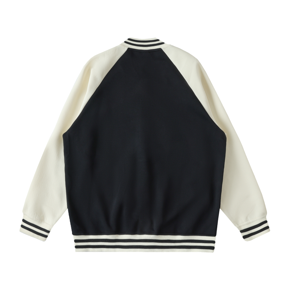 Two Tone Raglan Sleeve Varsity Jacket in Black with Apricot, alternate view — HIVOLT