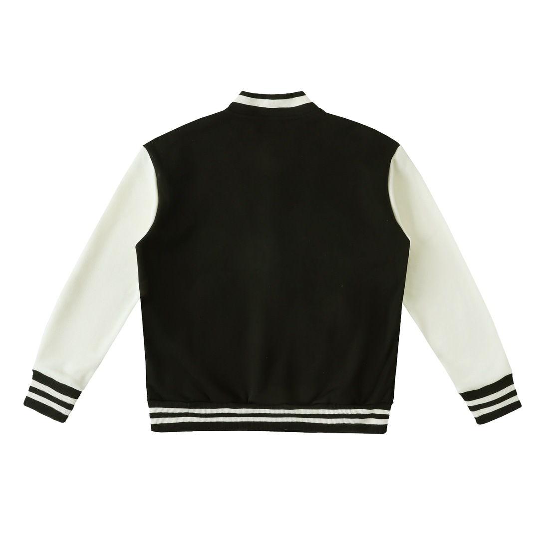 Two-Tone Fleeced Varsity Jacket in Black with White, alternate view — HIVOLT