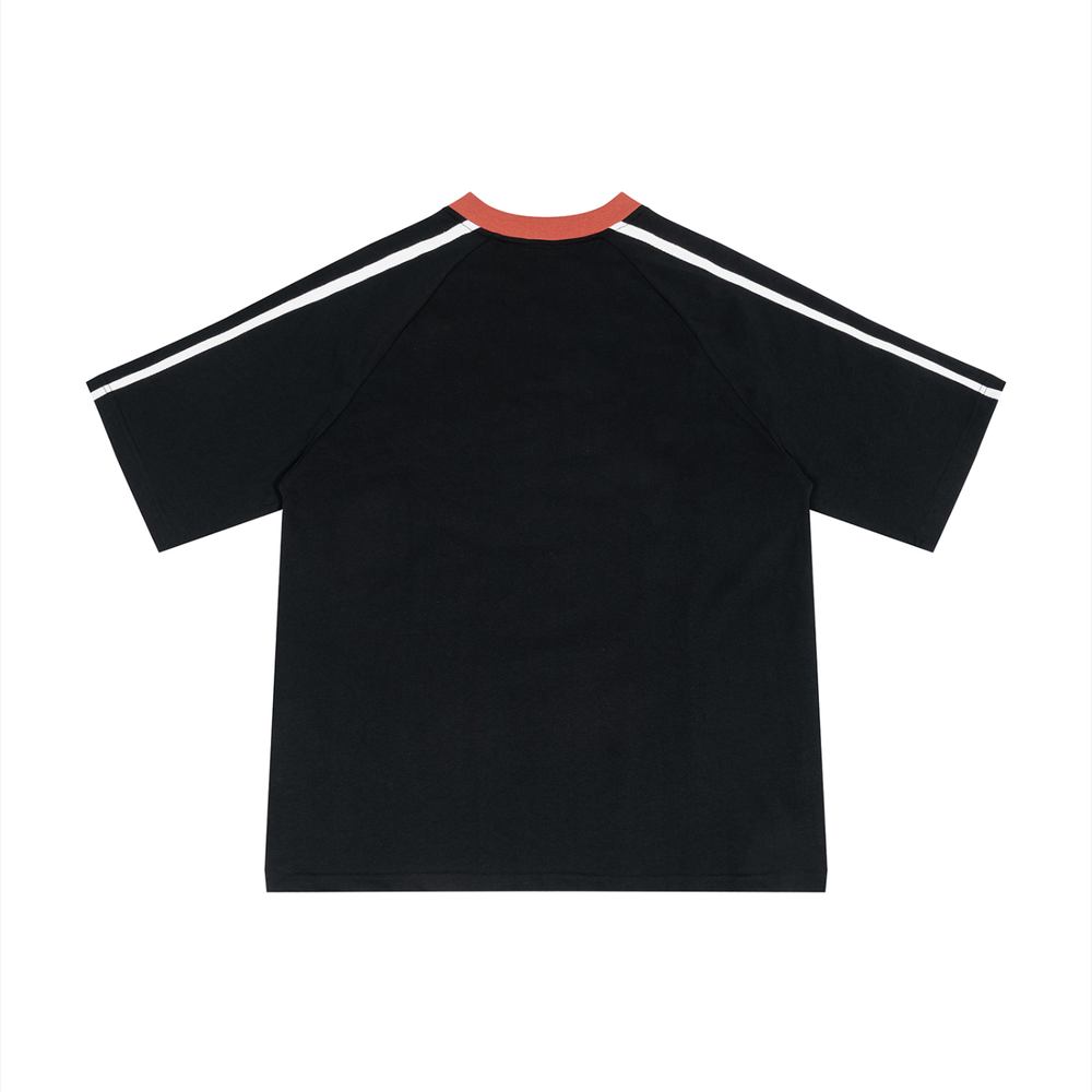 Unisex Color Block V-Neck T-Shirt in Black with Red, alternate view — HIVOLT