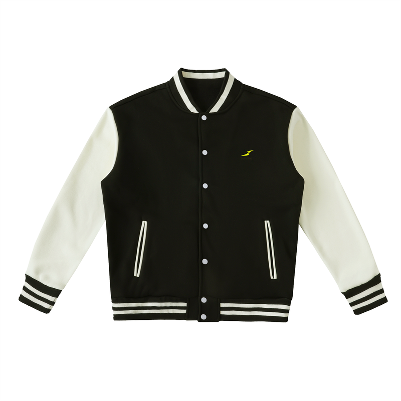Two-Tone Fleeced Varsity Jacket in Black with White — HIVOLT