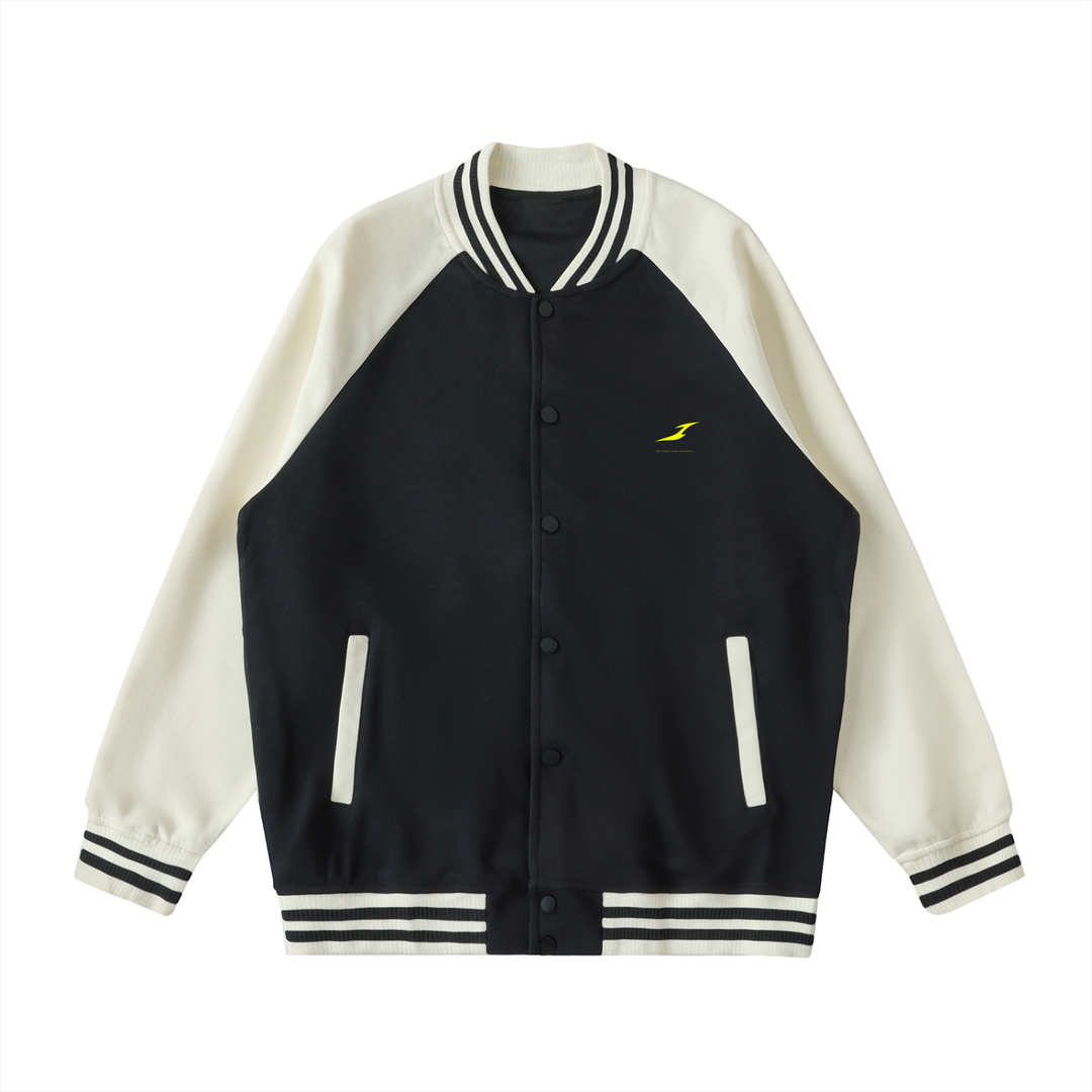 Two Tone Raglan Sleeve Varsity Jacket in Black with Apricot — HIVOLT