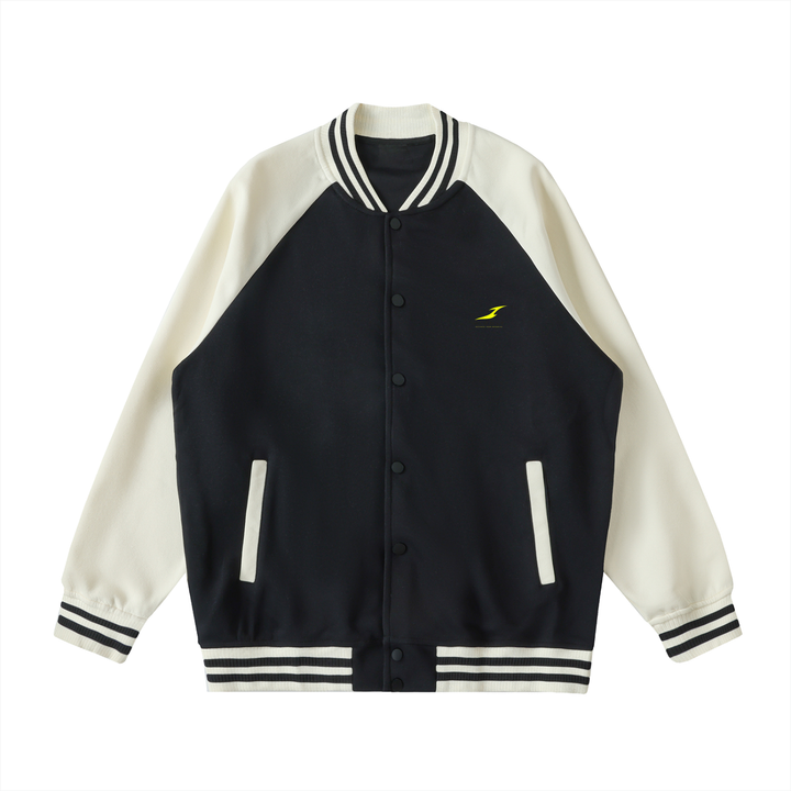 Two Tone Raglan Sleeve Varsity Jacket in Black with Apricot — HIVOLT