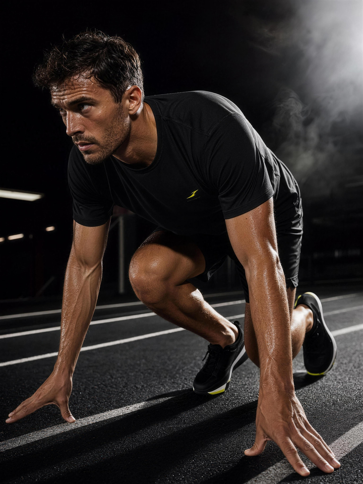HIVOLT performance t-shirt in action, sprinter start on dark track