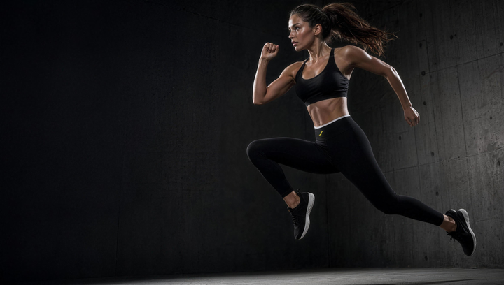 HIVOLT yoga leggings campaign hero, athlete mid-leap