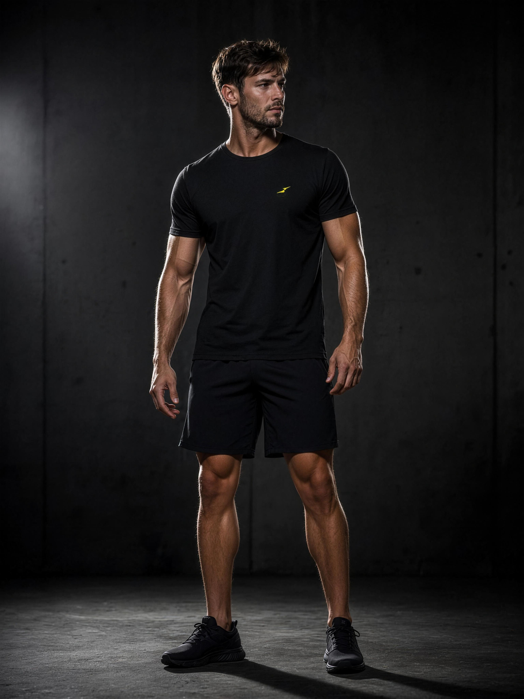 Man wearing HIVOLT black regular fit performance t-shirt, studio shot