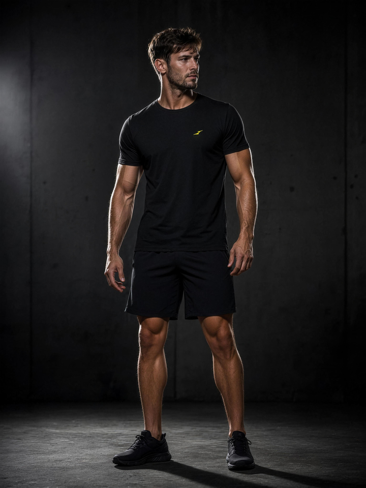 Man wearing HIVOLT black regular fit performance t-shirt, studio shot