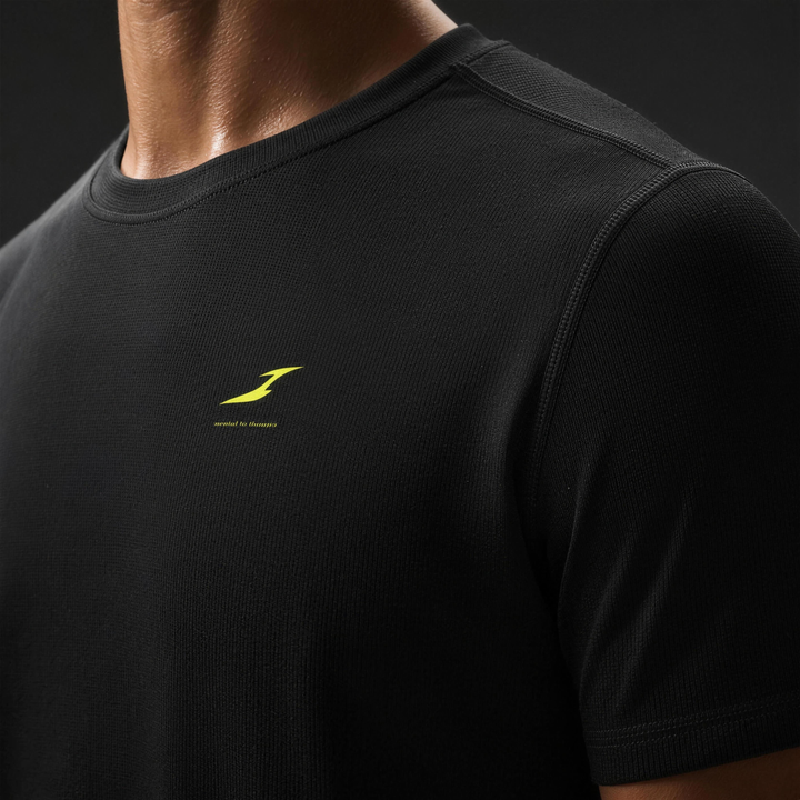 HIVOLT performance t-shirt fabric and logo detail closeup