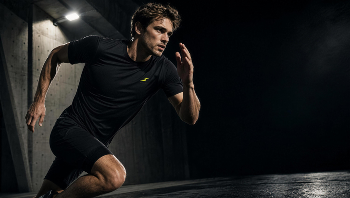 HIVOLT performance t-shirt campaign hero, athlete sprinting at night