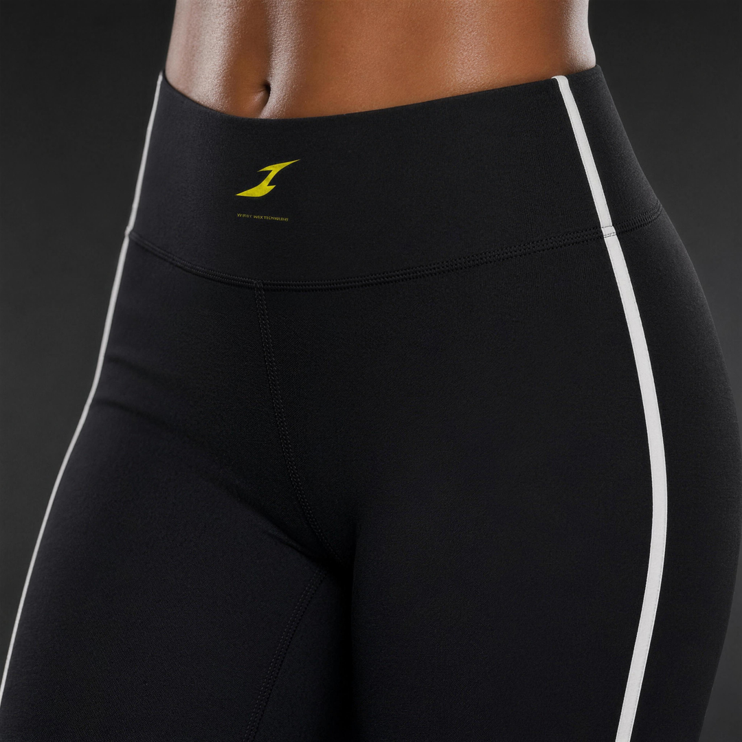 Woman wearing HIVOLT High Rise Ankle Length Yoga Leggings, fabric detail closeup