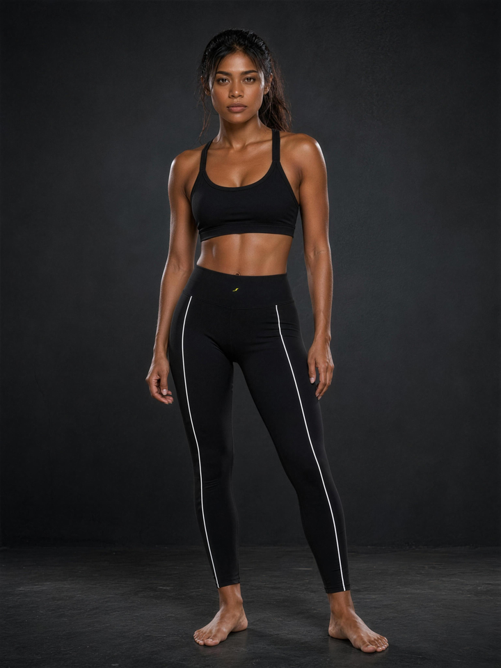 Woman wearing HIVOLT High-Waist Tapered Leggings, studio shot