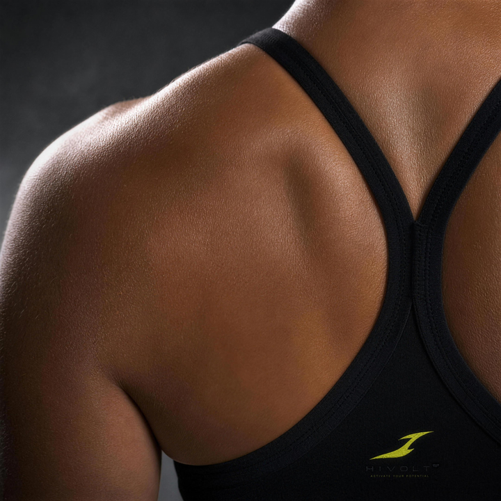 Woman wearing HIVOLT Tight Cropped Sports Bra, detail closeup