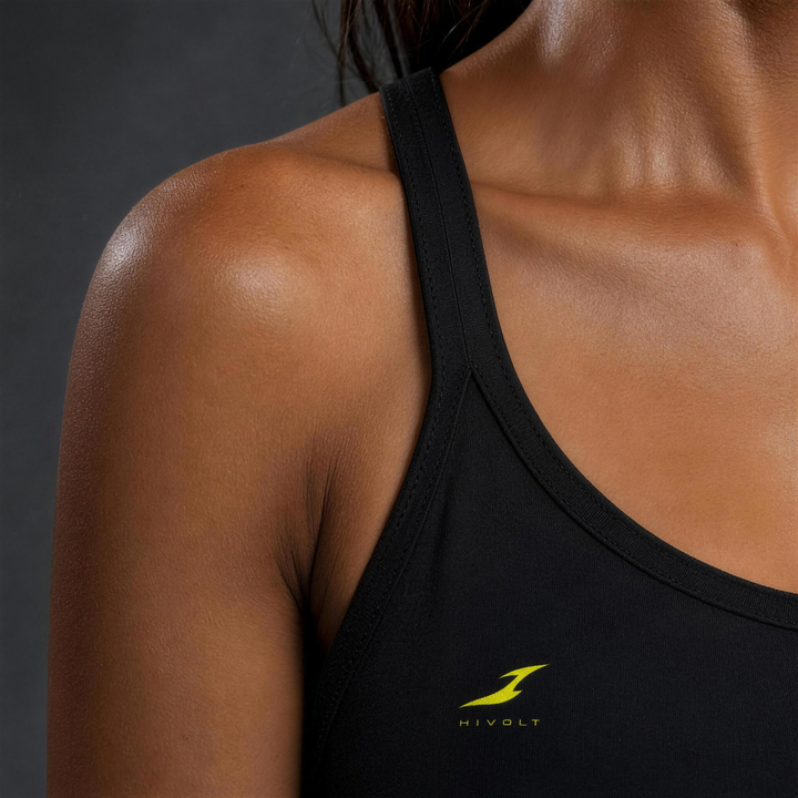 Woman wearing HIVOLT Yoga Sports Bra, detail closeup