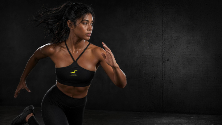 Woman wearing HIVOLT Yoga Sports Bra, campaign hero