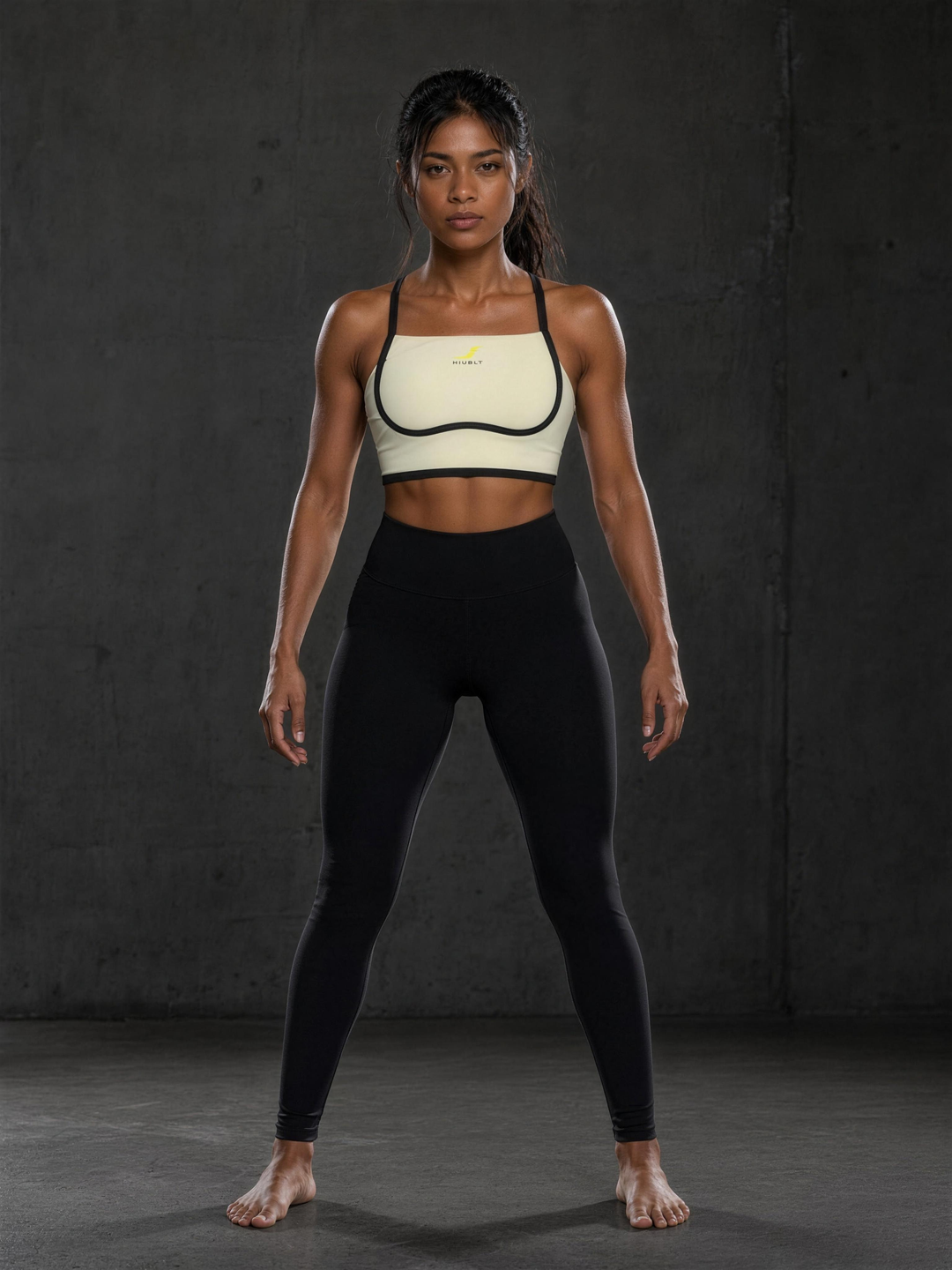 Woman wearing HIVOLT Color Block Yoga Sports Bra, studio shot