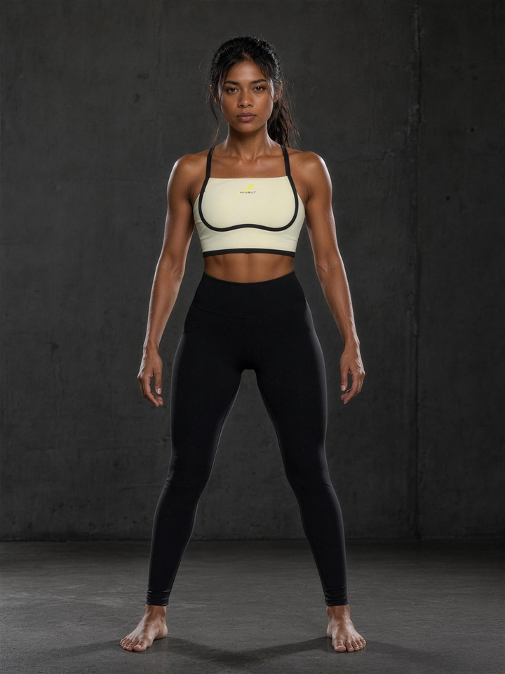 Woman wearing HIVOLT Color Block Yoga Sports Bra, studio shot