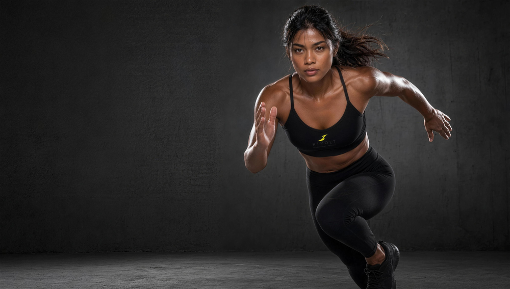 Woman wearing HIVOLT Tight Cropped Sports Bra, campaign hero
