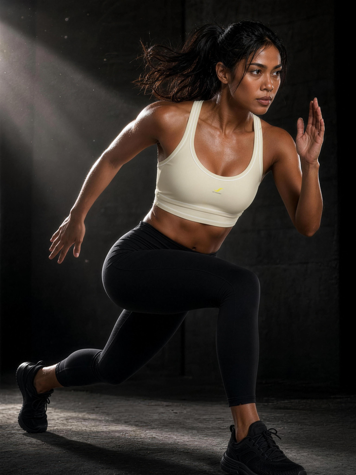Woman wearing HIVOLT Topstitching Yoga Sports Bra, in action