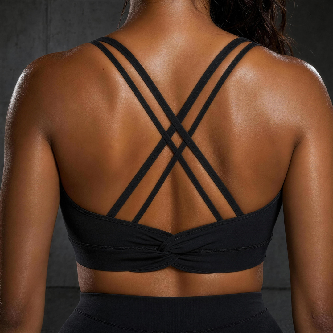 Woman wearing HIVOLT U-Neck Yoga Sports Bra, detail closeup