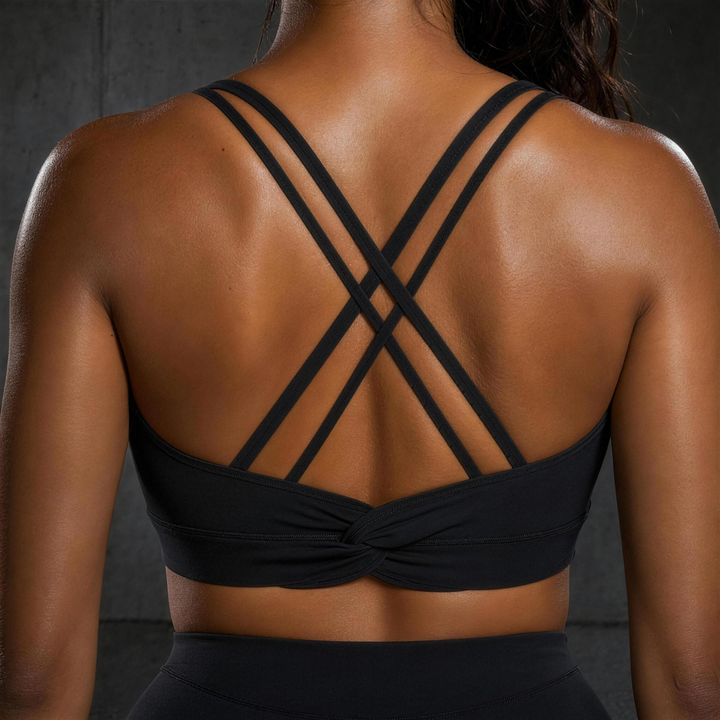 Woman wearing HIVOLT U-Neck Yoga Sports Bra, detail closeup
