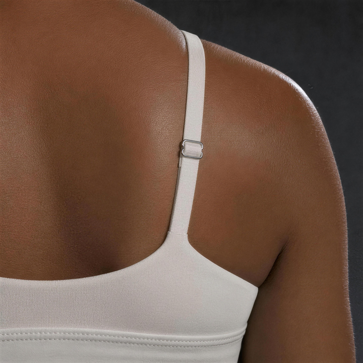 Woman wearing HIVOLT Cropped V-Neck Sports Bra, detail closeup