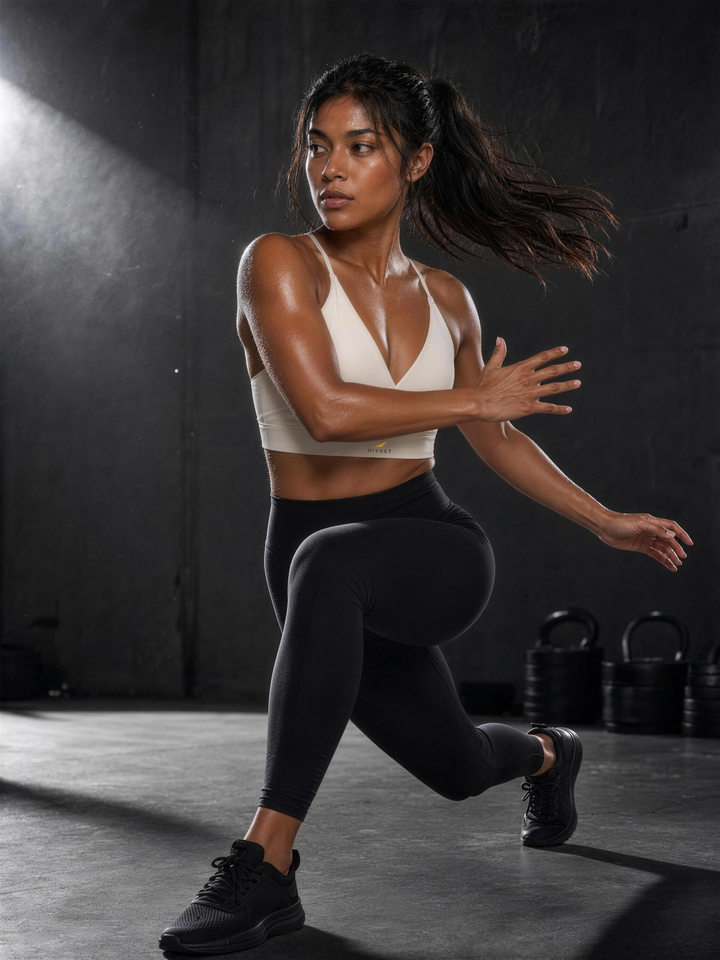 Woman wearing HIVOLT Cropped V-Neck Sports Bra, in action