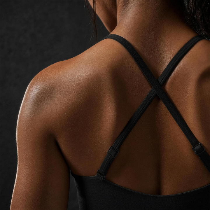 Woman wearing HIVOLT Cropped Sports Bra, detail closeup