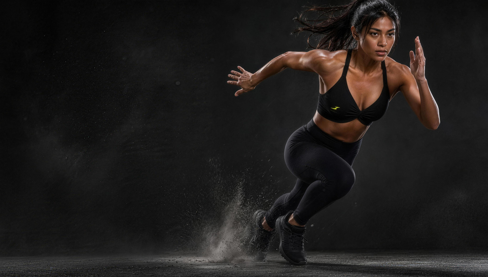 Woman wearing HIVOLT Ruched Halter-Neck Sports Bra, campaign hero
