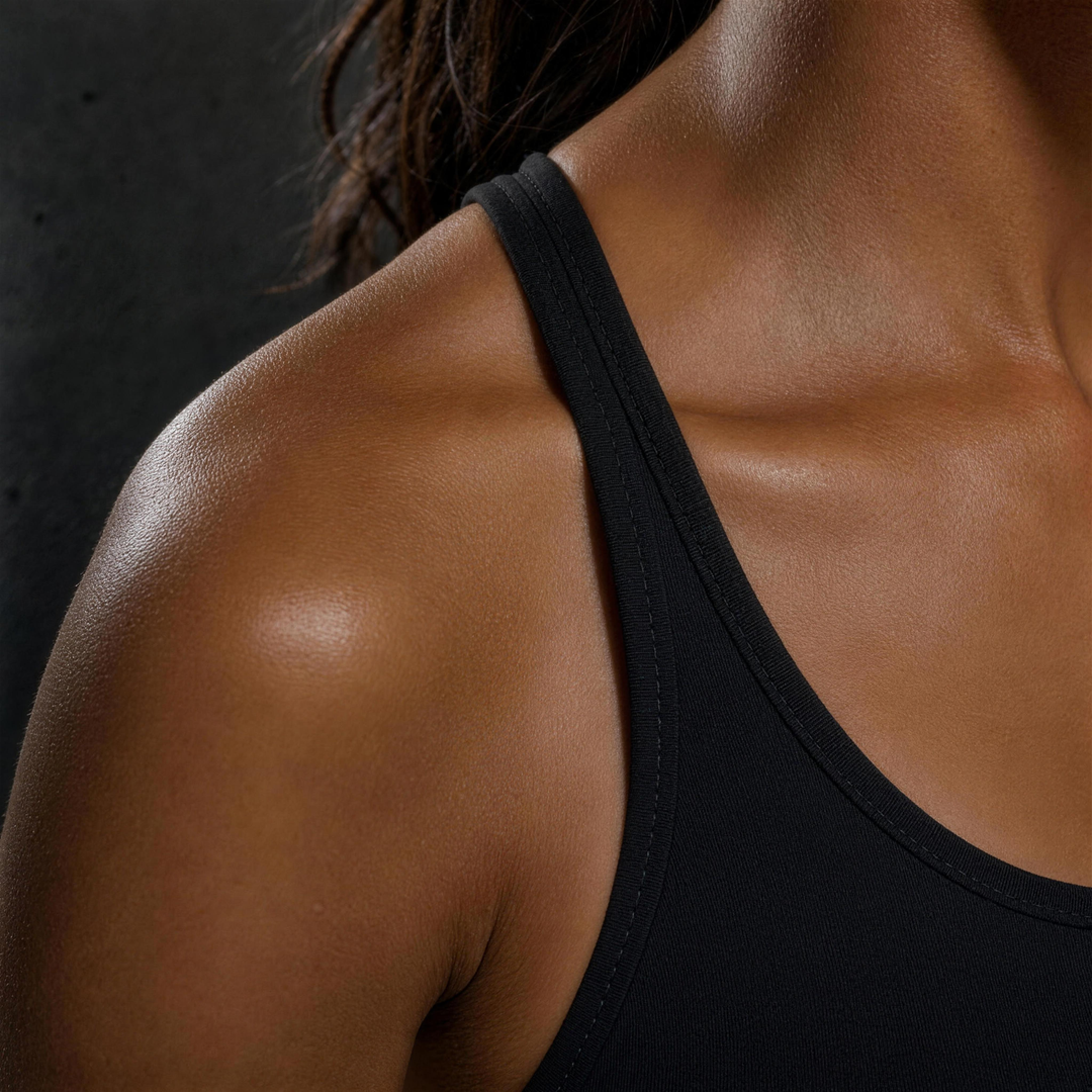 Woman wearing HIVOLT Tight Yoga Sports Bra, detail closeup