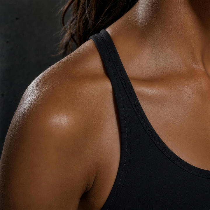 Woman wearing HIVOLT Tight Yoga Sports Bra, detail closeup