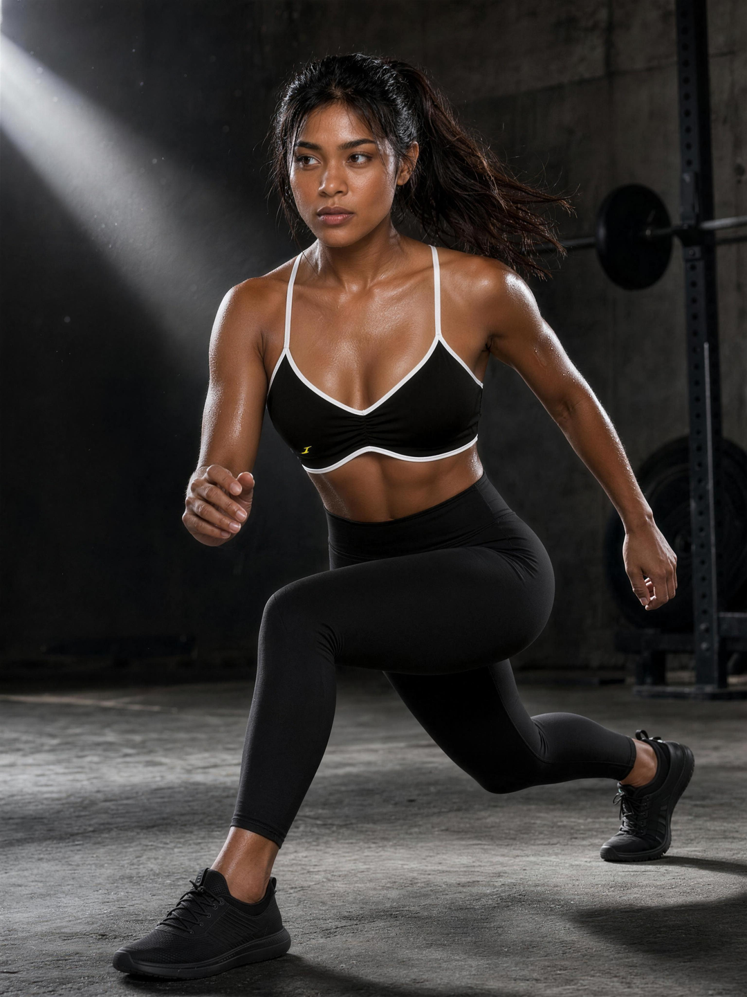 Woman wearing HIVOLT Color Block Ruched V-Neck Sports Bra, in action