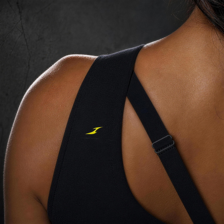 Woman wearing HIVOLT Yoga Sports Bra, detail closeup