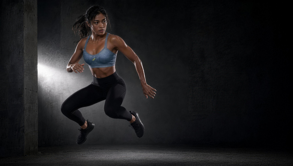 Woman wearing HIVOLT Faux Denim Sports Bra, campaign hero