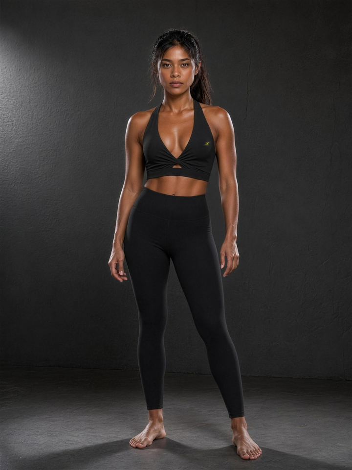 Woman wearing HIVOLT Pleated Halter Sports Bra, studio shot