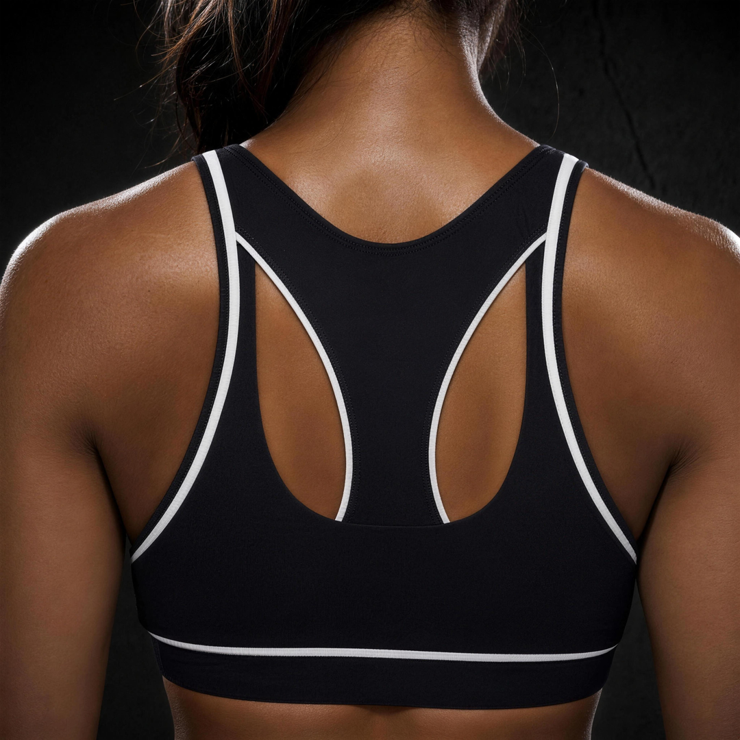 Woman wearing HIVOLT Yoga Sports Bra, detail closeup