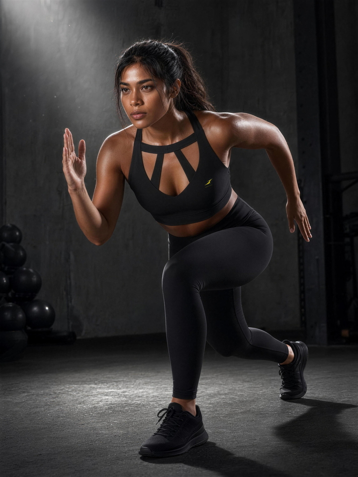 Woman wearing HIVOLT Halter Cropped Sports Bra, in action