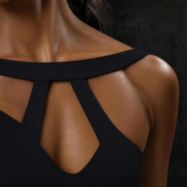 Woman wearing HIVOLT Halter Cropped Sports Bra, detail closeup