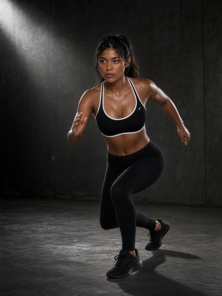 Woman wearing HIVOLT Halter Color Block Yoga Sports Bra, in action