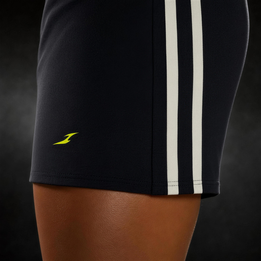 Woman wearing HIVOLT High-Waist Color Block Yoga Shorts, detail closeup