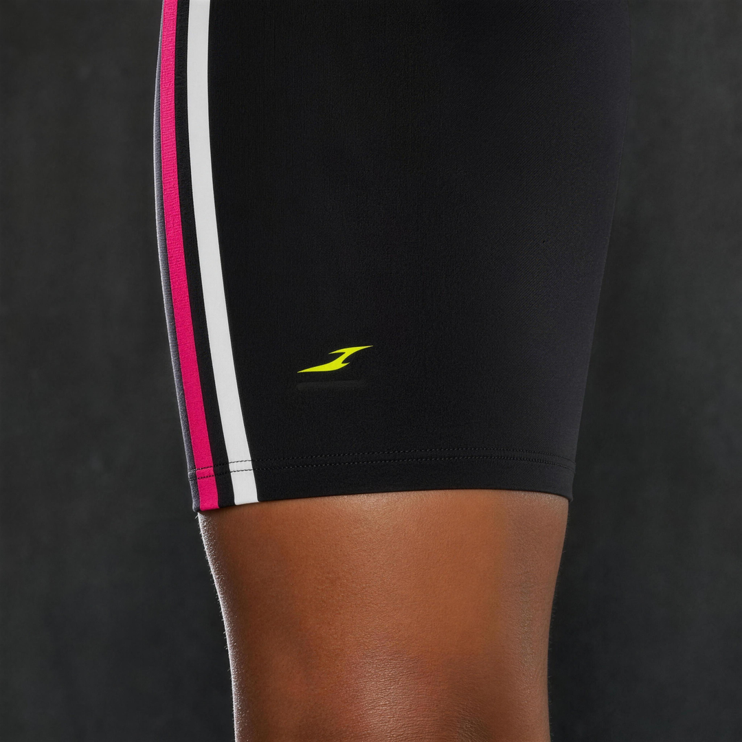 Woman wearing HIVOLT High Rise Tight Yoga Shorts, detail closeup
