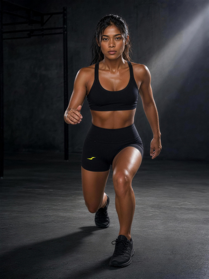 Woman wearing HIVOLT High Rise Yoga Shorts, in action
